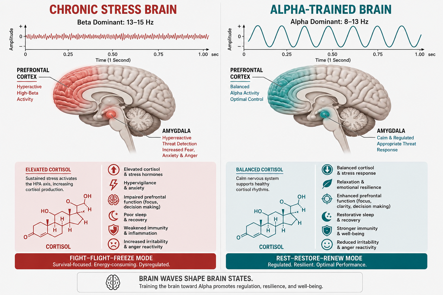 Brain diagram comparing high-beta chronic stress brainwaves versus calm alpha brainwaves after neurofeedback stress reduction training