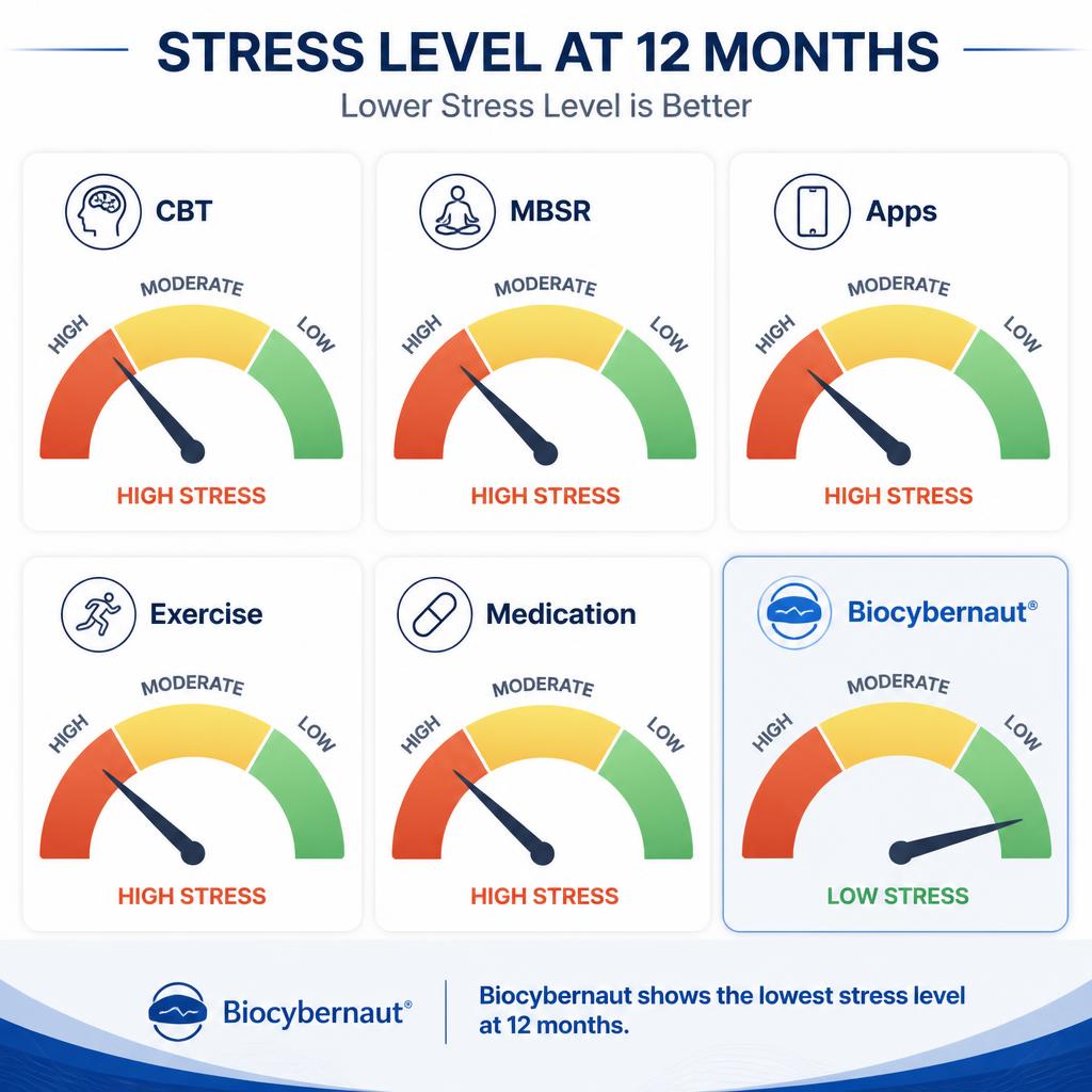 Comparison of stress reduction effectiveness at 12 months across all methods - CBT, mindfulness, apps, exercise, medication, and Biocybernaut neurofeedback