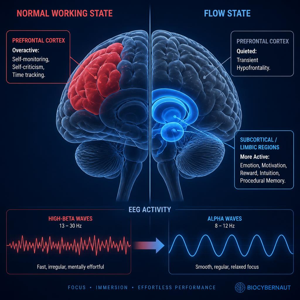 Brain diagram comparing normal working state with active prefrontal cortex versus flow state showing transient hypofrontality and alpha brainwave shift