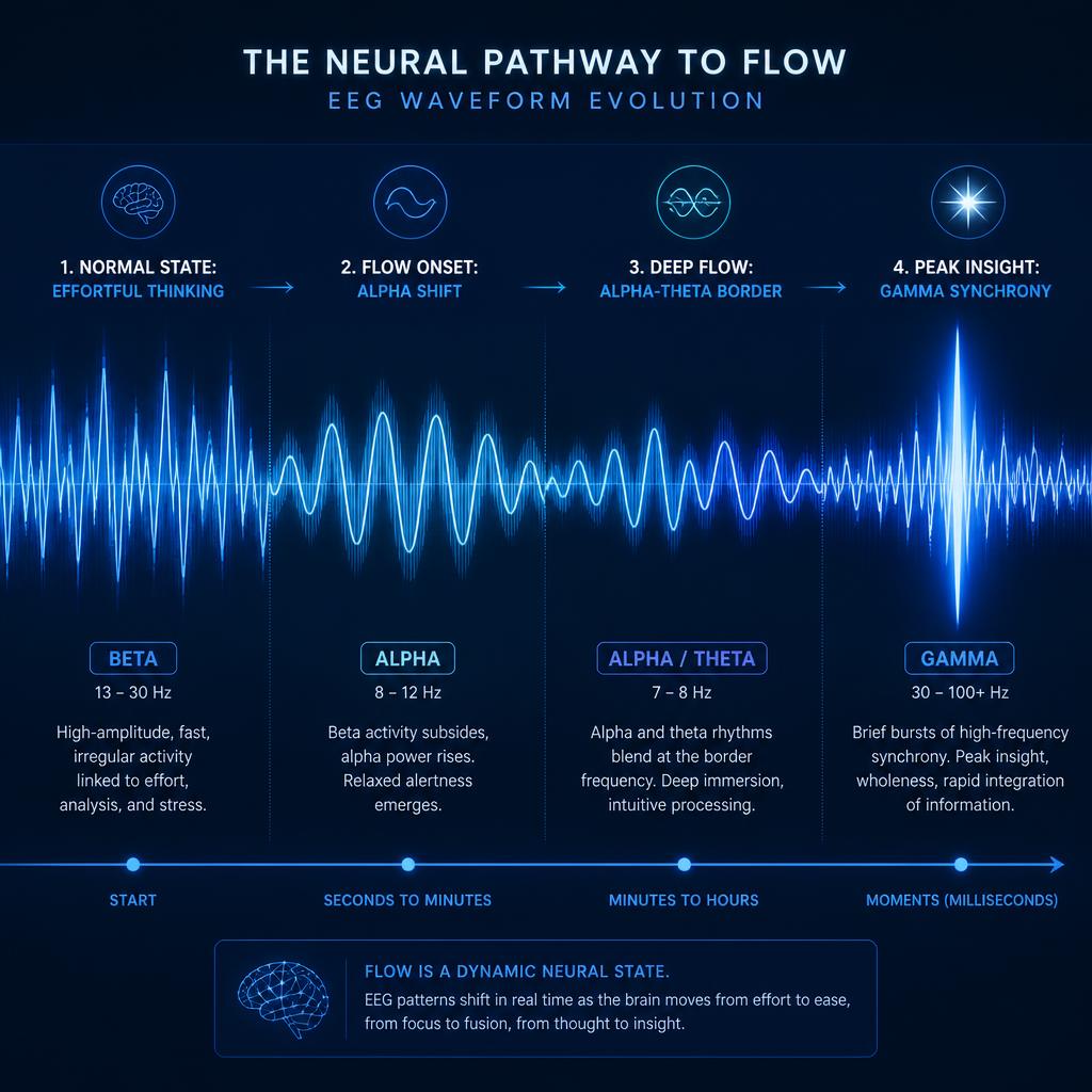 EEG brainwave timeline of flow state onset showing beta reduction, alpha rise, alpha-theta border, and gamma burst during peak insight moments