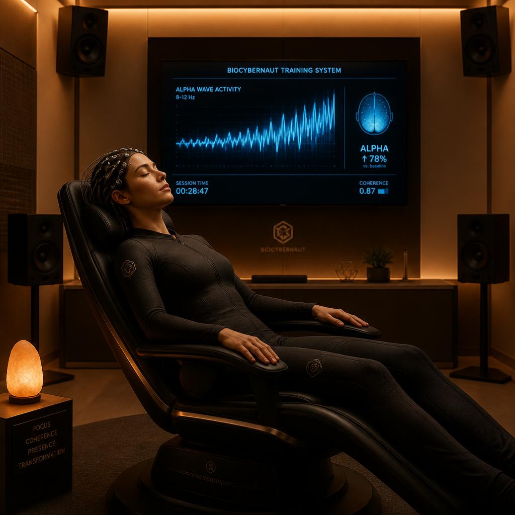 Person undergoing Biocybernaut alpha neurofeedback training to develop flow state access, showing relaxed absorption and rising alpha brainwave display