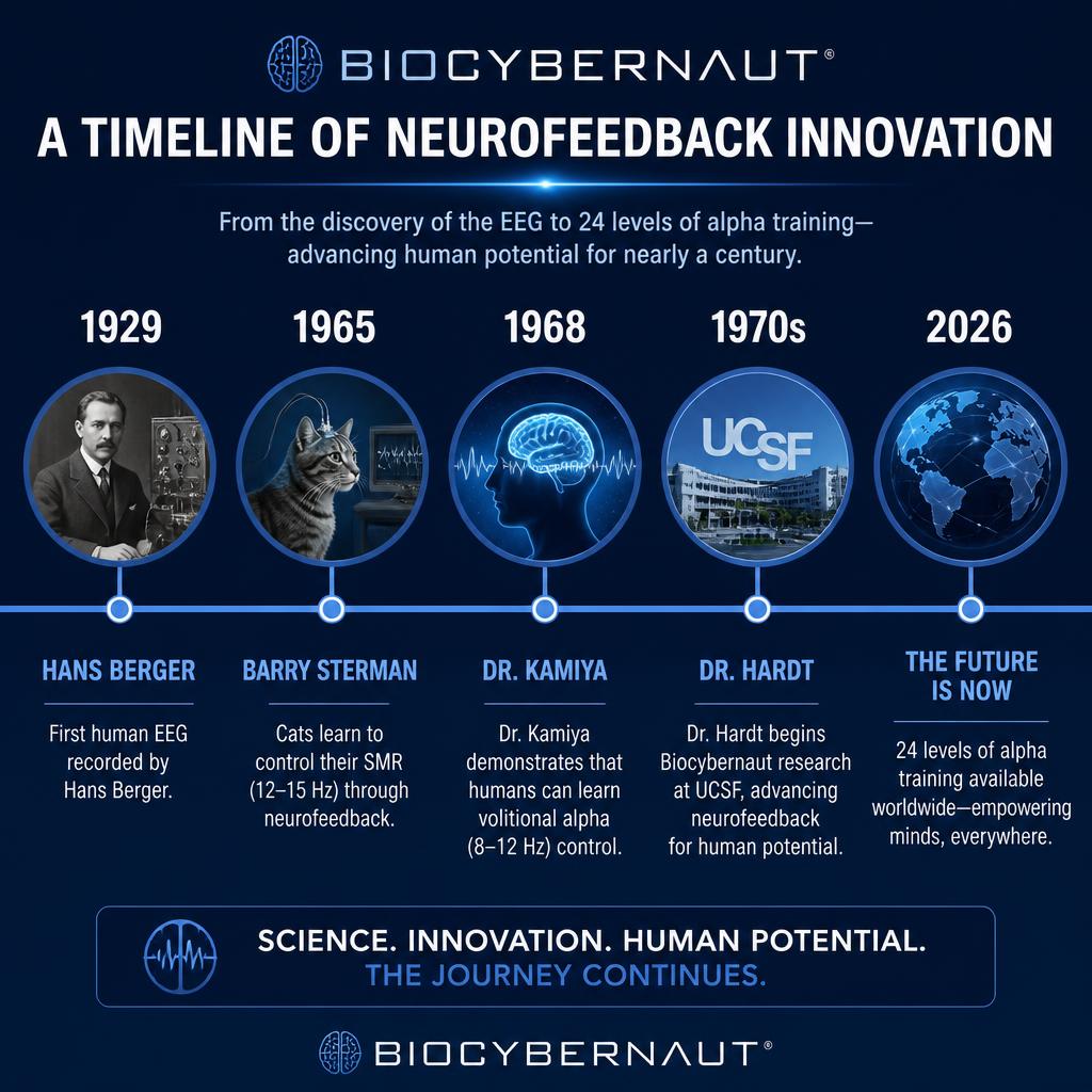 Timeline of neurofeedback training history from 1929 to 2026 showing key milestones in brain training research