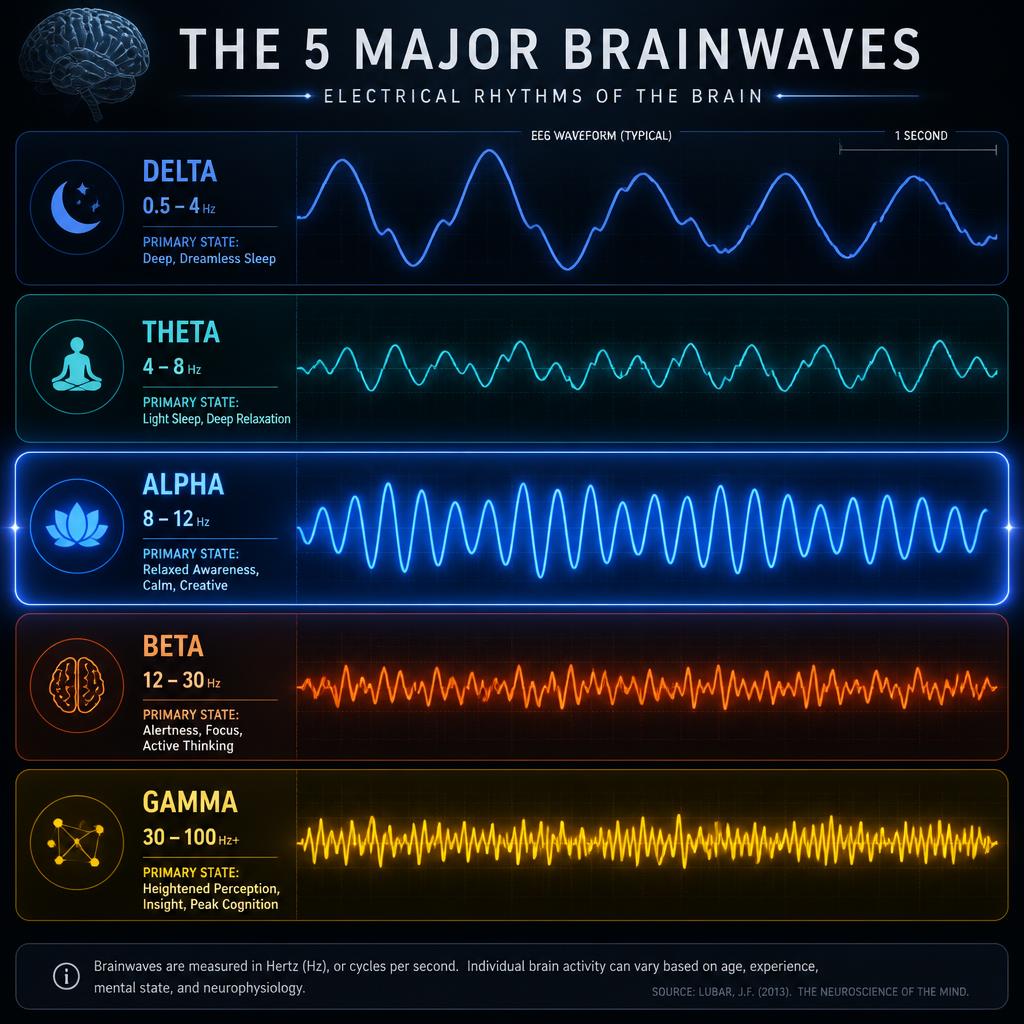 The five brainwave states in neurofeedback training: delta, theta, alpha, beta, and gamma with frequency ranges and mental states
